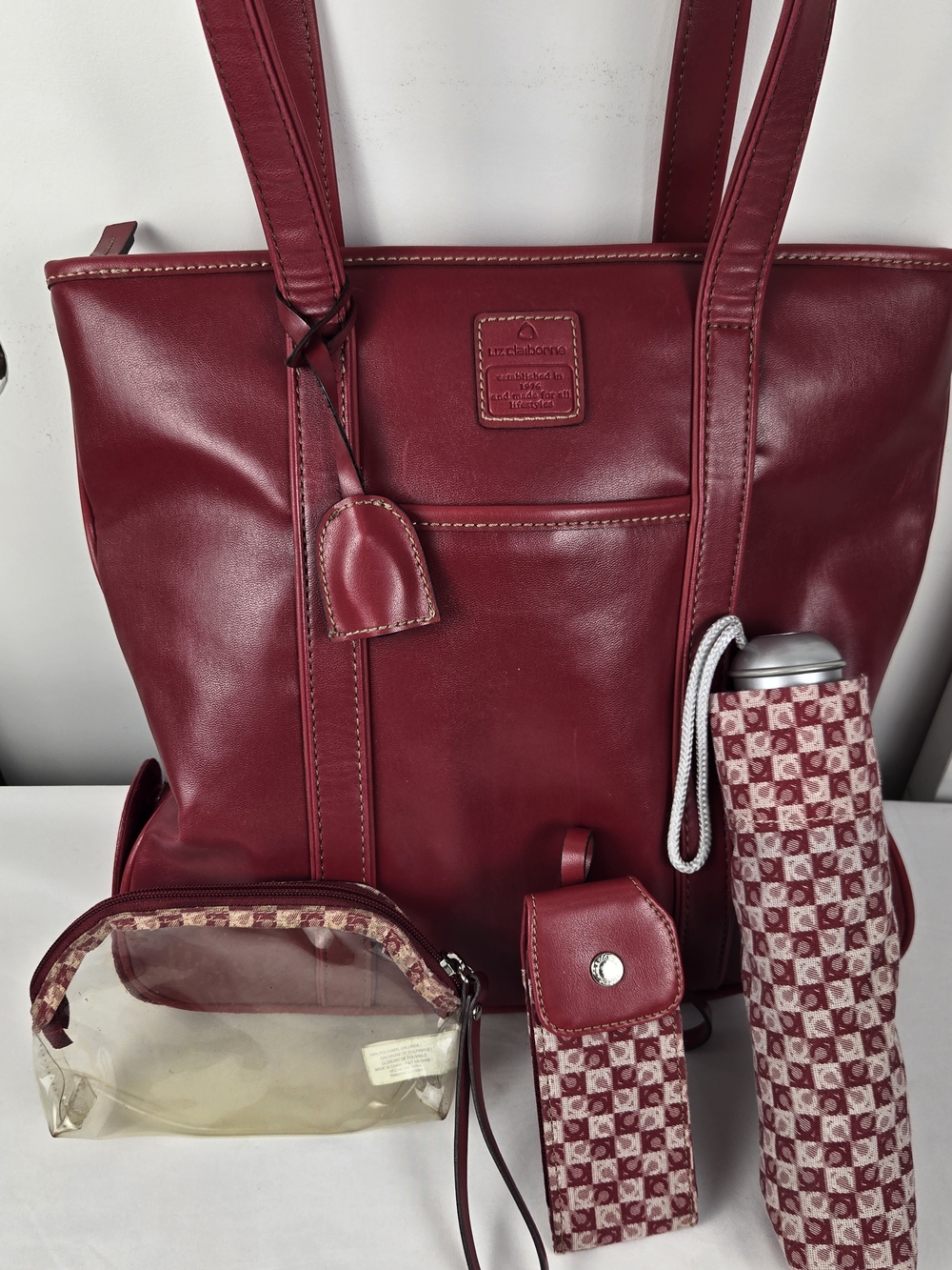 Vintage Liz Claiborne Red Handbag Accessories Shoulder Purse Umbrella W Dry Slot - Picture 2 of 16